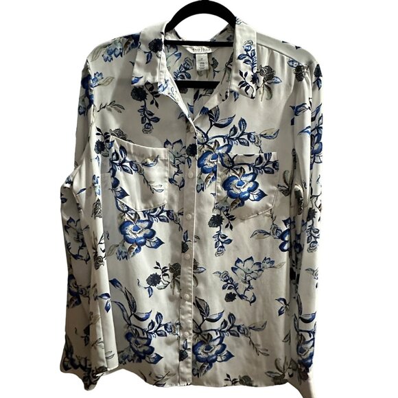 White House Black Market size 14 blue floral pockets button front blouse - Picture 1 of 7